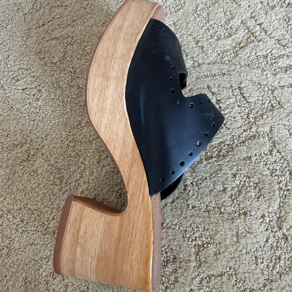 Black Leather and Wood Platform Clogs